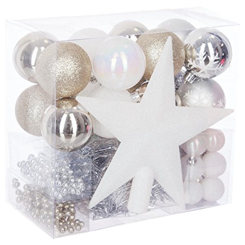 Lote de navidad - Kit 44 piezas para decorar árbol: Guirnaldas, Bolas y Estrella cima - Tema color: Blanco, oro y Plata