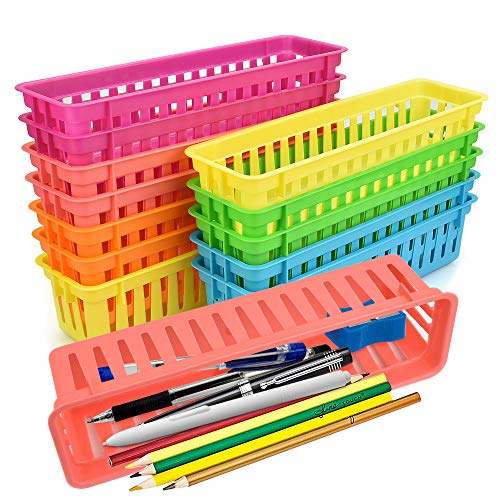 LYTIVAGEN 12 cestas de plástico para guardar lápices, caja de lápices, caja de almacenamiento, cesta larga de plástico, minicesta organizadora para lápices, artículos de papelería, multicolor
