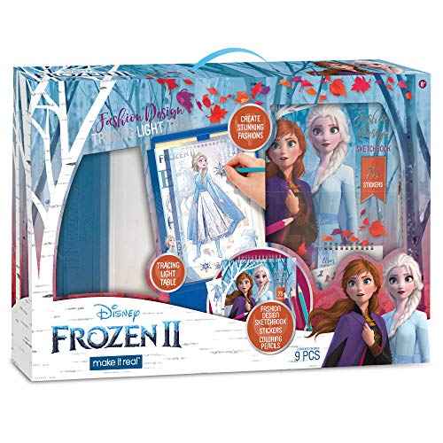 Make It Real - Disney Frozen 2 Fashion Design Tracing Light Table Kit de diseño de moda para niños incluye mesa ligera, cuaderno de dibujo Disney, plantillas, pegatinas, guía de diseño y más