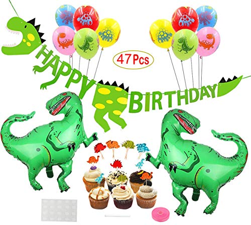 Mattelsen Decoración de Cumpleaños Dinosaurios 3D Happy Birthday Banner, Globos Helio Gigante con Látex Globos y Toppers de Magdalena de Dinosaurio Set para Niños Niño Feliz Cumpleaños Decoracion
