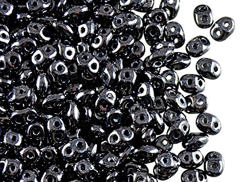 Matubo SuperDuo Beads, 2.5x5 mm, 20 g, cuentas de vidrio prensado checo en la forma de rombo con dos agujeros, Jet Hematite (Black/White Luster)