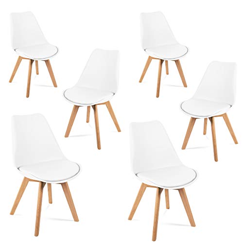 Mc Haus LENA - Pack 6 sillas Blancas Tulip Comedor oficina, Sillas Madera nórdicas con patas de madera y Asiento Acolchado suave, respaldo ergonómico, 83x49x53.5cm