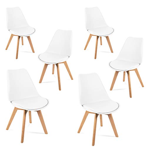 Mc Haus LENA - Pack 6 sillas Blancas Tulip Comedor oficina, Sillas Madera nórdicas con patas de madera y Asiento Acolchado suave, respaldo ergonómico, 83x49x53.5cm Mc Haus LENA - Pack 6 sillas Blancas Tulip Comedor oficina, Sillas Madera nórdicas con patas de madera y Asiento Acolchado suave, respaldo ergonómico, 83x49x53.5cm