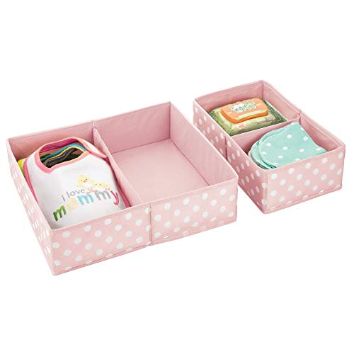 mDesign Juego de 2 cajas para guardar ropa – Práctico organizador de armario en 2 tamaños para todos los cajones – Bonitas cajas de tela con 2 compartimentos cada una y diseño de puntos – rosa/blanco