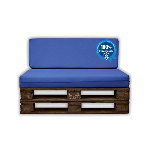 MICAMAMELLAMA Pack Asiento + Respaldo para Sofá de Palet Exterior e Interior - Funda Náutica Azul - Espuma HR Alta Densidad - Grosor 12cm