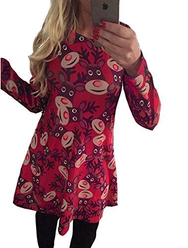Minetom A-Line Vestido de Navidad para Mujer Niñas Mangas Largas Ropa Impresión Ciervo Nieve Camiseta Swing Dress Rojo ES 46