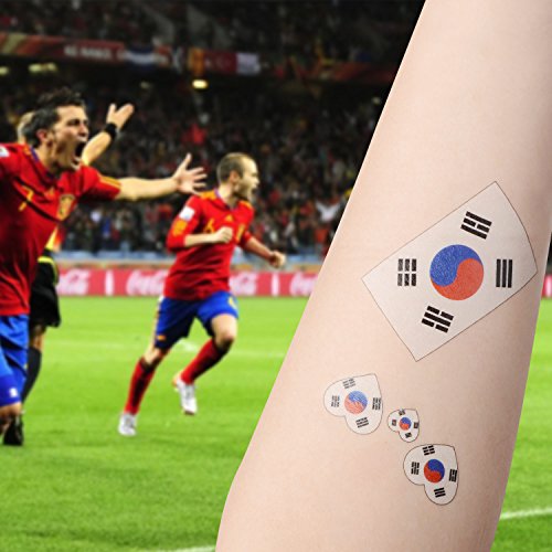 Moonvvin 2018 World Cup FIFA National Bands Tatuaje, 10 piezas temporales ecológicas impermeables banderas nacionales tatuaje cara cuerpo adhesivo [contiene 1 limpio toallita], Korea, 60 x 60 MM
