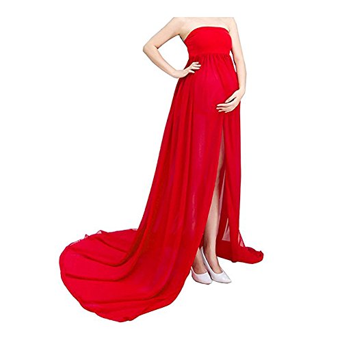 Mujer Embarazada Gasa Larga Vestido de maternidad Split Vista delantera foto Shoot Dress Faldas fotográficas de maternidad (Rojo)