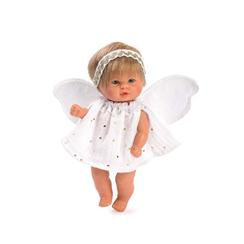 Muñecas Así Bebe Angel de la Guarda con alitas. Cuerpo articulado, Pelo Rubio y Ojos Grises. 20 cm.