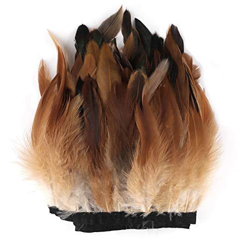 Mwoot 1m pluma de gallo recortar flecos, 13-18cm de ancho con Cinta de satén para Vestidos, Costura, DIY Manualidades, Disfraces, Halloween, Decoración (Marrón)