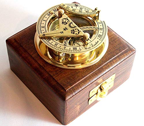 Nautical Replica Hub Brújula de latón macizo, reloj de sol de bolsillo con caja de madera del oeste de Londres