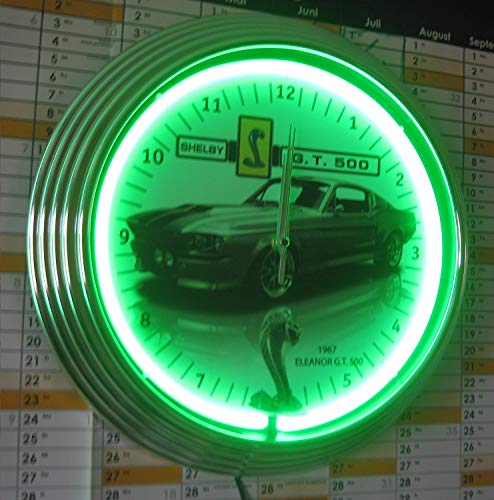 Neon reloj Neon Clock Eleanor Mustang Shelby G.T. 500, Reloj de pared iluminado con Neon verdes anillo. NUEVO con números Cartel.