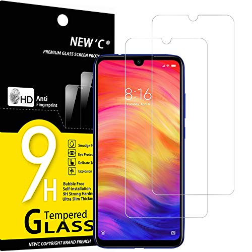 NEW'C 2 Unidades, Protector de Pantalla para Xiaomi Redmi Note 7, Redmi Note 7 Pro, Antiarañazos, Antihuellas, Sin Burbujas, Dureza 9H, 0.33 mm Ultra Transparente, Vidrio Templado Ultra Resistente