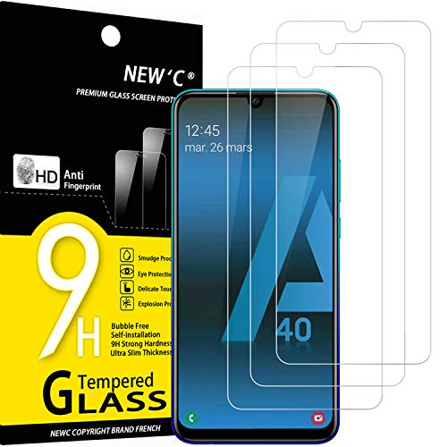 NEW'C 3 Unidades, Protector de Pantalla para Samsung Galaxy A40, Antiarañazos, Antihuellas, Sin Burbujas, Dureza 9H, 0.33 mm Ultra Transparente, Vidrio Templado Ultra Resistente