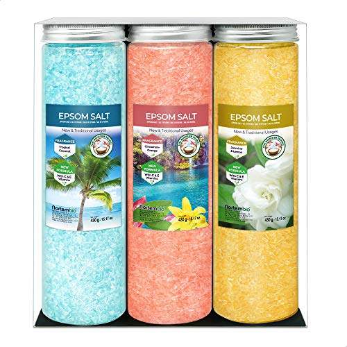 Nortembio Sales de Epsom Pack 3 x 430 g. Fragancias de Jazmín, Canela y Coco. Hidratadas con Vitamina C y E. Sales de Baño, Aromaterapia, Terapias de Flotación. E-Book Incluido.