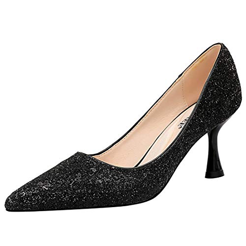 N/P Joeupin - Zapatos de tacón alto puntiagudos para mujer, con lentejuelas, negro (Negro), 39 EU