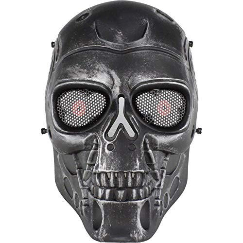 #N/V Terminator Airsoft - Máscara de calavera de cara completa con esqueleto de seguridad de acero plateado, juego de campo de guerra para Halloween, fiesta de película