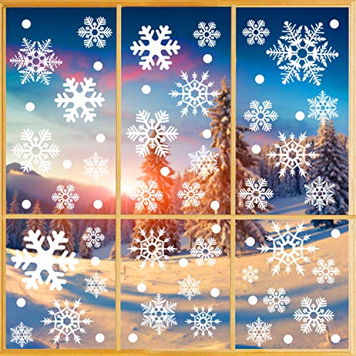 O-Kinee Pegatinas de Copo de Nieve Blancas, 228pcs Copos de Nieve, Reutilizables para Ventana de Navidad, Pegatinas estáticas de PVC para decoración de Navidad hogar/Tienda