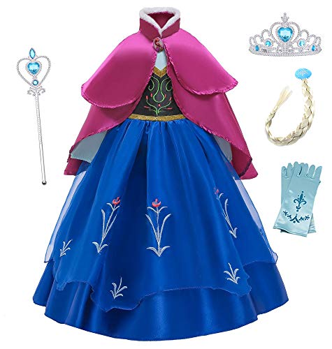 O.AMBW Anna Frozen Vestido de Princesa con Capa para Niñas Disfraces y Accesorios Cosplay Princesa Disfraz de Fiesta Halloween Carnaval Regalo Cumpleaños Navidad