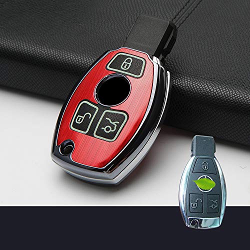 ontto Funda protectora para llave de coche con 3 botones, aleación de aluminio, con llavero para Mercedes Benz A, C, E, S, GLA GLC GLK, CLA, CLS, AMG, color rojo