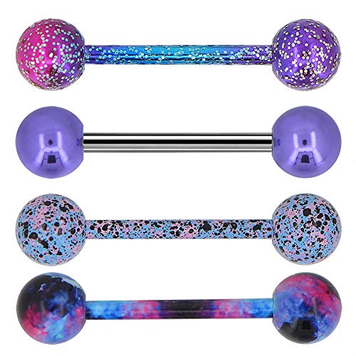 OUFER 4Pcs 14G 316L Stainless Steel Tongue Bars Planet Color with Glitter Swirl Splatter Tongue Piercings Tongue Ring Set OUFER 4Pcs 14G 316L Stainless Steel Tongue Bars Planet Color with Glitter Swirl Splatter Tongue Piercings Tongue Ring Set