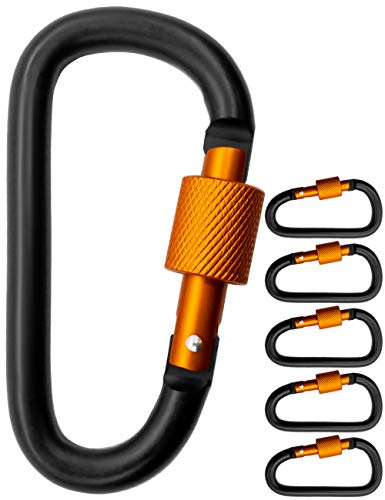Outdoor Saxx® - 5 mosquetones de rosca grandes, ganchos de mosquetón para fijación de equipo, aluminio, 8 cm, color negro y naranja, 5 unidades.
