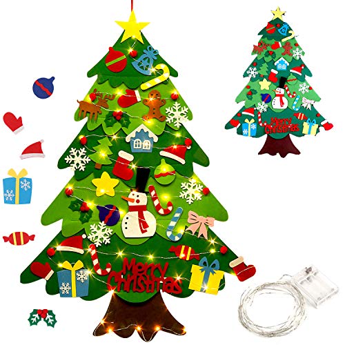 Outgeek Fieltro Árbol de Navidad, 3.2ft DIY Christmas Hanging Tree Set con 50 Luces LED 32 Piezas Adornos Árbol de Navidad para niños Decoración de la Pared de la Puerta del hogar