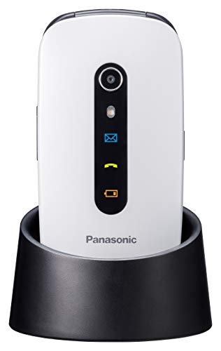 Panasonic KX-TU466EXWE - Teléfono Móvil para Mayores (Pantalla Color 2.4", Botón SOS, Base Carga, Compatibilidad Audífonos, Resistente Golpes, Batería Larga Duración, Bluetooth, GPS, Cámara) Blanco