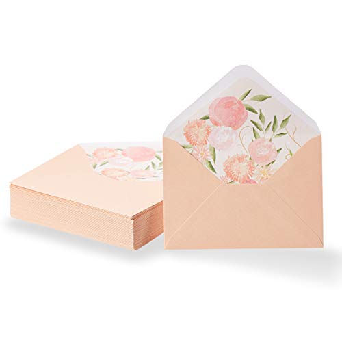 Paper Junkie Paquete de 50 sobres A1 de invitación de melocotón para invitaciones de 3 x 5 pulgadas con forro floral, 8,8 x 1,7 cm