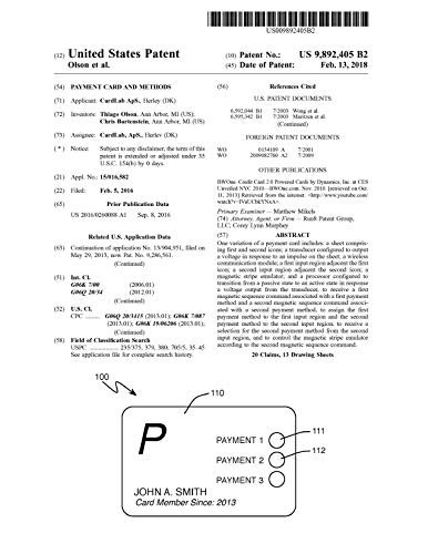 Payment card and methods: United States Patent 9892405 (English Edition)