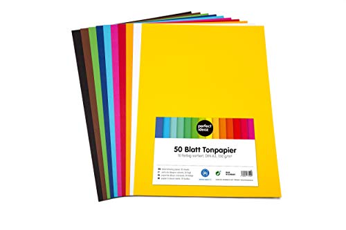 perfect ideaz Papel tintado A3 50 hojas de colores, en 10 colores diferentes, grosor de 130g/m², Papel para manualidades de la mayor calidad