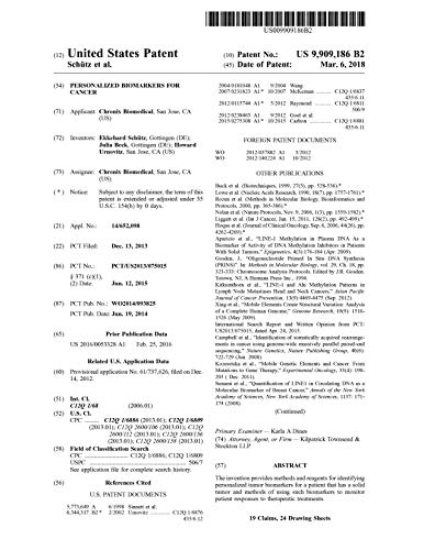Personalized biomarkers for cancer: United States Patent 9909186 (English Edition)