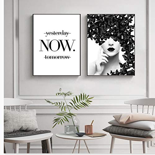 Pintura en lienzo Cartel de cita nórdica Pared blanca negra Mariposa Mujer Arte de la pared Lienzo moderno Imágenes impresas para la decoración del hogar del salón - (40x50cm) Sin marco