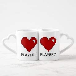 Players 1 And Player 2 Geek Gamer Coffee Mug Set, 2 Pack Heart Handle Coffee Mugs Tea Cups Gift For Men Women Couples