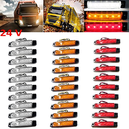 PolarLander 30Pcs 24V 6LED Indicadores Lámparas Lámpara Lámparas para Camión Camión Camión Camión 6 LED Amber Clearence Bus Impermeable Rojo/Amarillo/Blanco