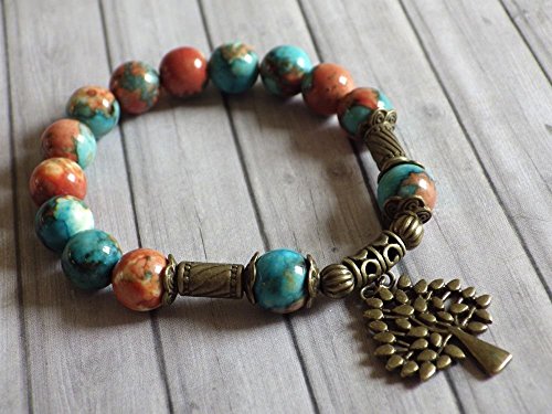 pulsera de perlas vintage estilo tibetano jade blanco natural, teñida de color marrón, naranja y azul, y pendientes en forma de árbol de bronce antigua