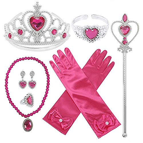 Pveath Princess Dress Up Accessories Set para Accesorios de Disfraces para niñas, Incluye Princess Crown, varitas, Pulsera, Anillos, Collar, Guantes, Pendientes, 9 Piezas (Rosa Rojo)