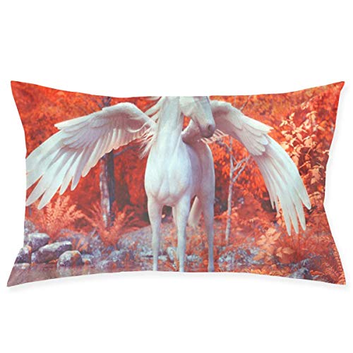 Qinckon Cremallera Oculta, Funda de Almohada de sofá Simple y Elegante Animal Blanco Pegaso mítico posando en el Bosque Encantado 3D Renderin