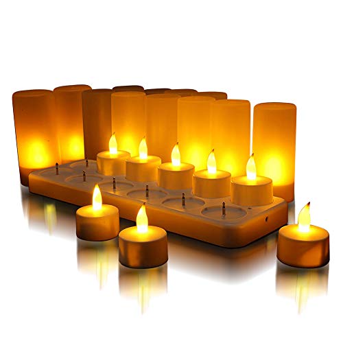 QSPORTPEAK LED recargable sin llama candelita velas parpadeantes candelita base blanca con estación de carga, decoración de regalo para fiesta de vacaciones conjunto de 12 (amarillo)