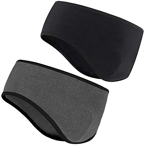 Queta 2pcs Diadema Deportiva para Oreja, Banda para Cabeza de Yoga, Orejeras de Tela cálida, Forro Polar cómodo con Cobertura Total, Oreja elástica, Unisex para Hombres Mujeres Negro + Gris