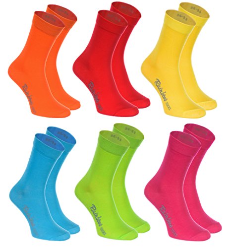 Rainbow Socks - Hombre Mujer Calcetines Colores de Algodón - 6 Pares - Naranja Rojo Amarillo Verde Mar Verde Fucsia - Talla 36-38