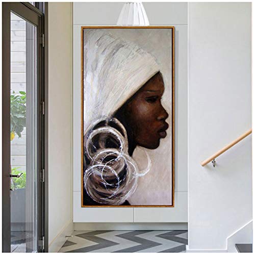 Retrato africano pintado a mano Pinturas al óleo negro blanco África mujer cara Pinturas sobre lienzo arte Imagen de la pared decoración del hogar -50x100cm Sin marco