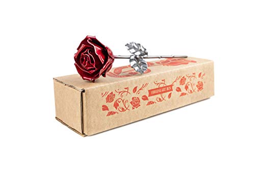 Rosa Eterna de Hierro Forjado Roja y Plateada - Forjada a Mano Rosa Eterna de Hierro Forjado Roja y Plateada - Forjada a Mano