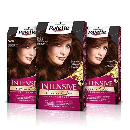 Schwarzkopf Palette Intensive Creme Color – Tono 5.68 cabello Castaño Rojizo (Pack de 3) - Coloración Permanente de Cuidado con Aceite de Marula, cobertura de canas, Color duradero hasta 8 semanas