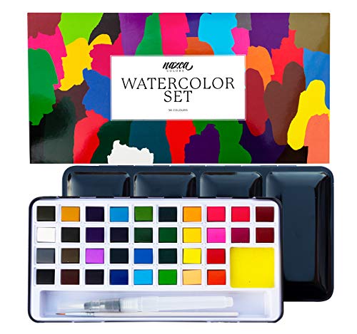 Set Acuarelas Profesionales 36 Colores Nazca Colors – Caja Metálica + Pincel y Aqua Brush – Kit Portátil Ideal para Láminas, Uñas, Bullet Journal – Óptimo para Principiantes, Estudiantes y Aficionados