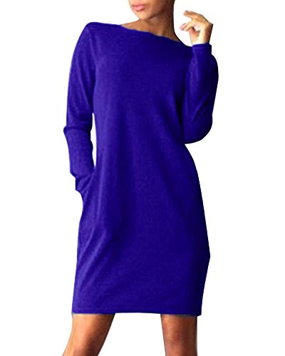ShallGood Mujeres Casual Cuello Redondo Manga Larga Bolsillo Mini Vestido De Fiesta Moda Suelto Color Sólido Camiseta Tops Dress Azul Oscuro ES 44