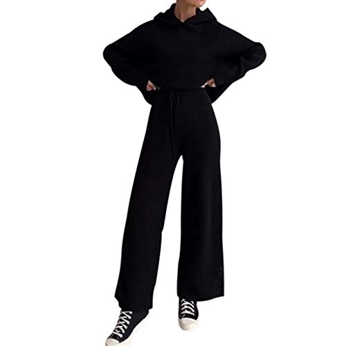 Shujin Conjunto de ropa de punto para mujer de manga larga con capucha y pantalones anchos, cómodos, 2 piezas A negro. XL