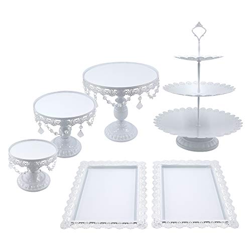 Snowtaros - 6 soportes redondos para tartas de metal con perlas de cristal, 3 niveles, soporte para cupcakes, estilo vintage, para fiestas, bodas