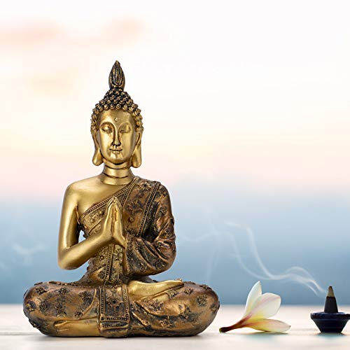 SOPRETY Figura de Buda sentado, 20 cm de altura, de polirresina, escultura de Buda de meditación en asiento de loto, accesorio para salón, dormitorio, baño, oficina, jardín zen