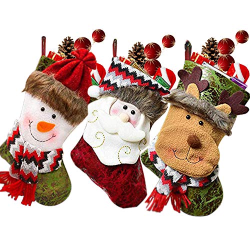 specool Medias colgantes de Navidad,3 piezas hechas a mano para decoración de regalo de Navidad,bolsa de caramelo con bordado 3D Papá Noel reno,muñeco de nieve para rellenar y colgar en cuero